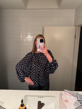 Banana Republic Black Printed Puff-Sleeve Blouse